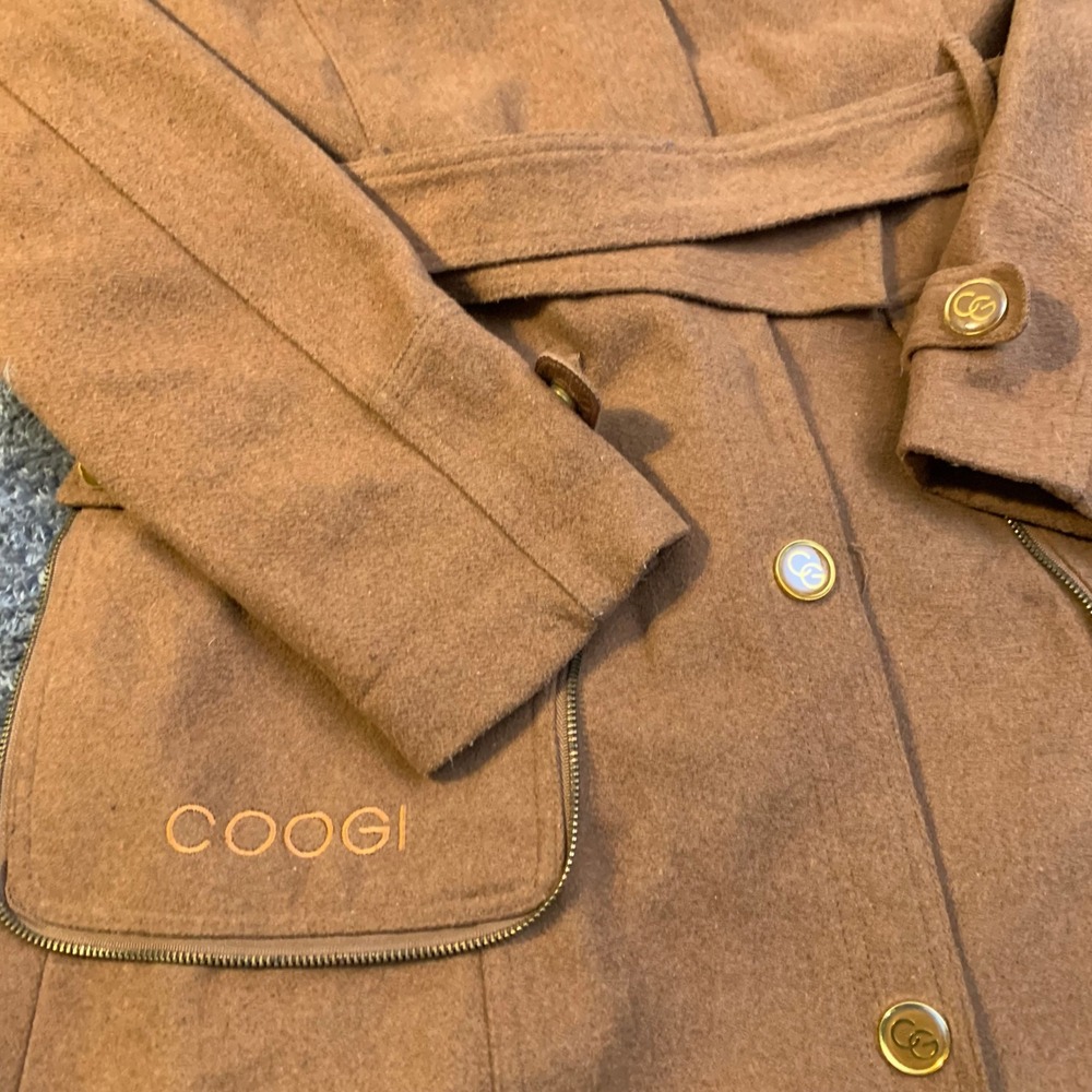 Coogi Womens Camel Brown Hooded Trench Coat Belted Wool Blend Gold Size M
